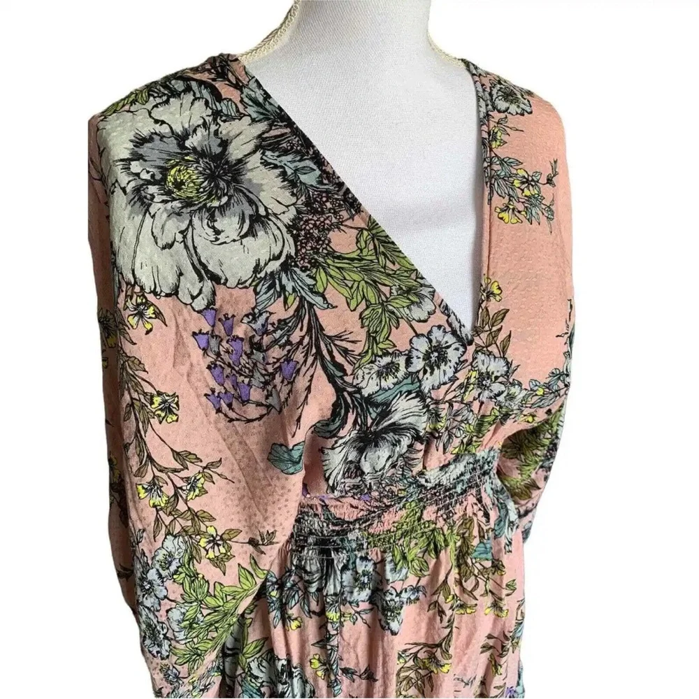 LOVE STITCH WOMENS DRESS TOP PINK FLORAL MEDIUM RUFFLE HEM LONG SLIT SLEEVE - Picture 3 of 8